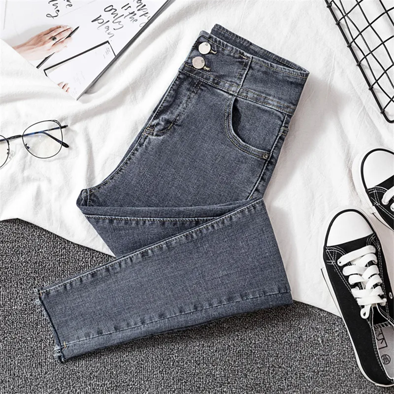 

JUJULAND High Waist Jeans button fly Full Length Plus Size black Jeans for Women Stretch Jeans Skinny Pencil women jeans 8288