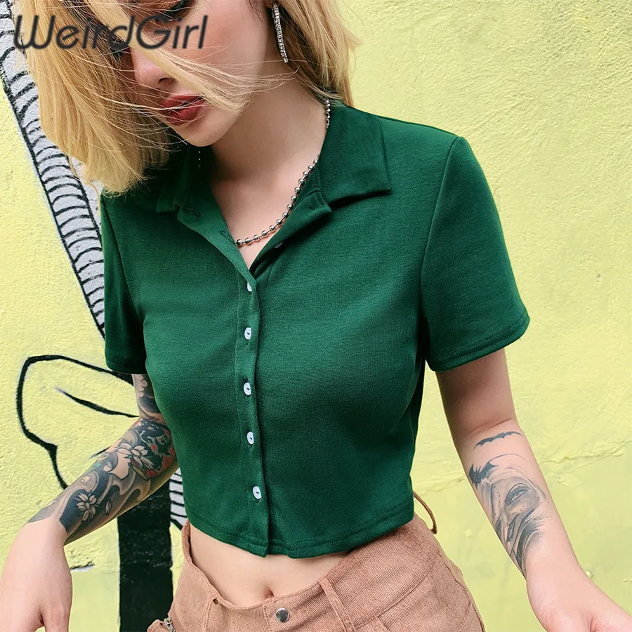 Weirdgirl/женские модные темно-зеленые футболки с отложным воротником, с коротким рукавом, на пуговицах, тонкие женские футболки, укороченный топ, женская уличная одежда, лето