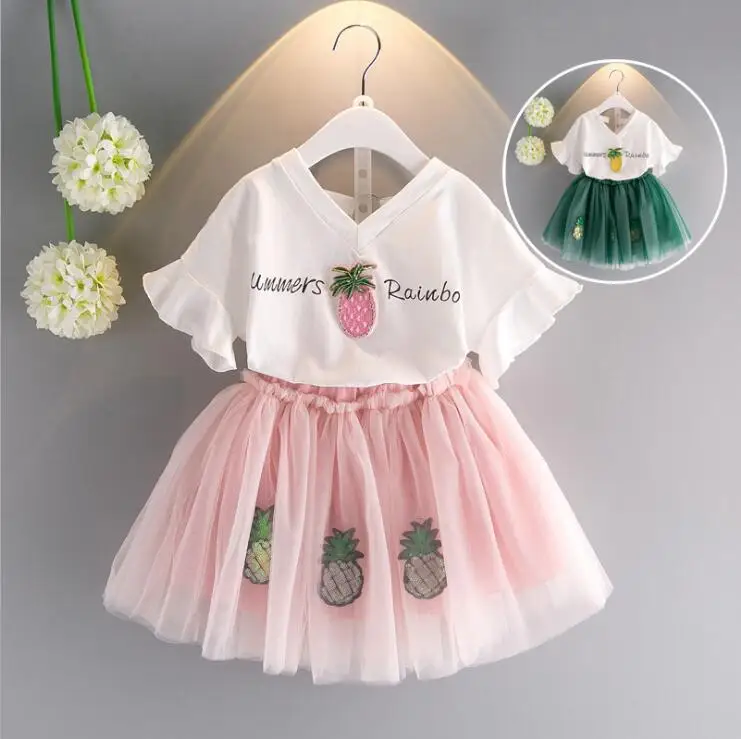 

2017 summer fresh girls white pineapple vest and tutu skirt 2pcs clothing set children 2pcs girls cotton clothes