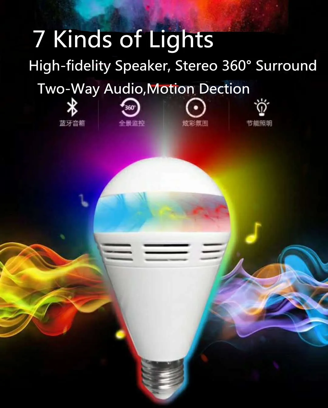 

1080P Bluetooth Music HD Fish Eye VR Camera 360 Degree Mini Bulb Wifi Camera Bluetooth Speaker Home Security Camera 5W lamp