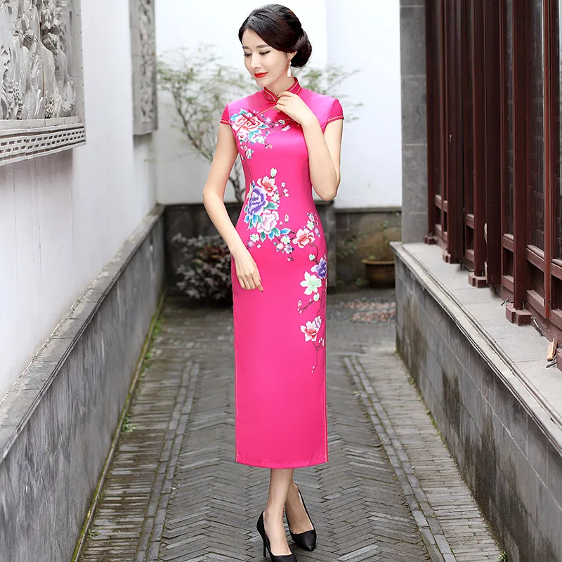 Hot Pink Chinese Traditional Women Long Qipao Print Flower Cheongsam 