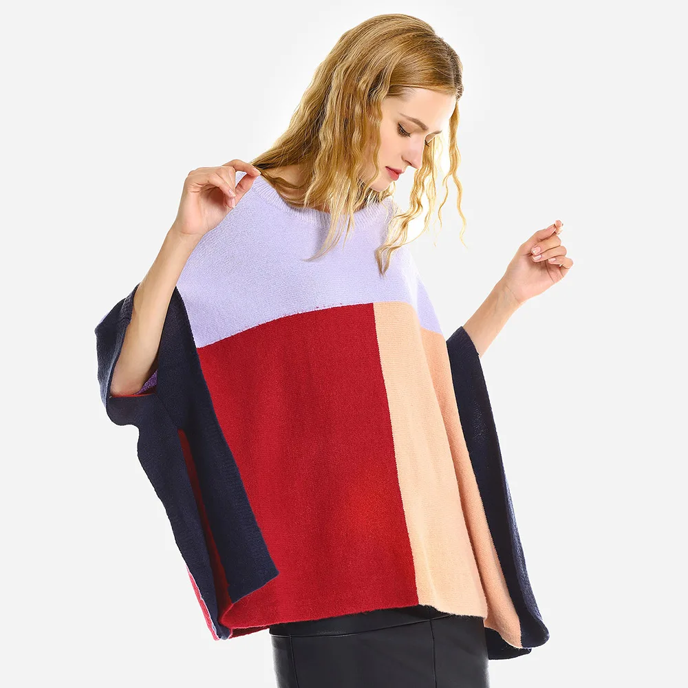 ZAFUL Oversized Sweater Women Batwing Sleeve Loose Knit Shawl Sweaters Casual O-Neck Warm Color Patchwork Pullover Autumn | Женская