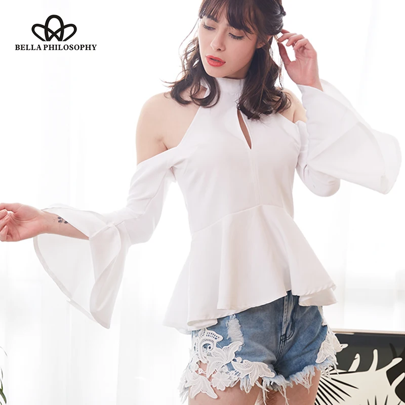 Bella Philosophy 2018 verano halter mujer blusa manga hombro frío mujer camisa recortada volantes casual blusas|Blusas y -