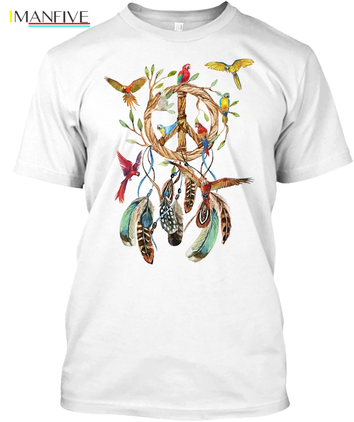 

Peace Dreamcatcher Parrot Popular Tagless Tee T-Shirt Streetwear harajuku Print Cotton funny t shirts men