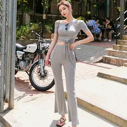 Модный женский комплект, Новое поступление, Корейская офисная винтажная Однотонная футболка с открытыми плечами и длинными штанами