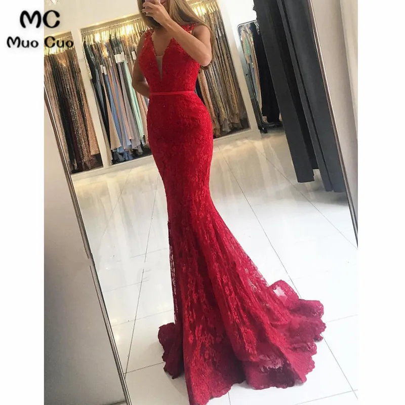 Elegant V Neck Long Lace Mermaid Evening Dresses75