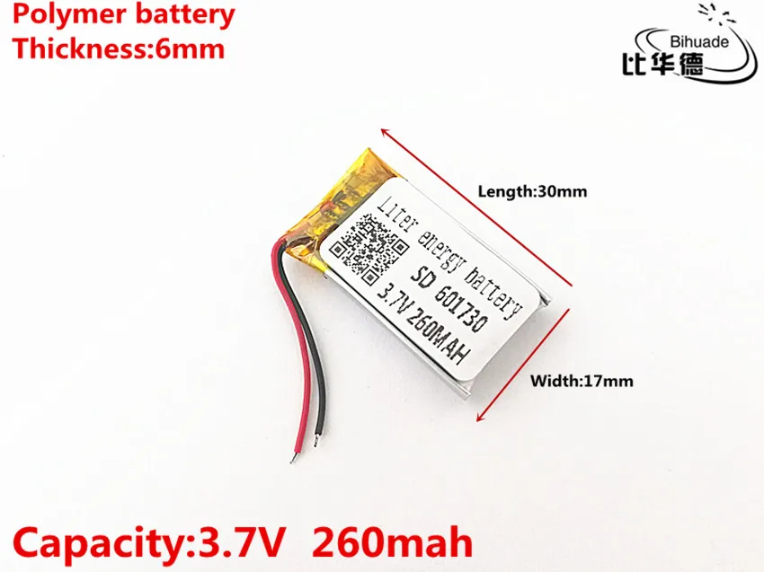 10 шт./лот 3,7 V, 260 mAH, 601730 полимерный литий-ионный/литий-ионный аккумулятор для игрушки, POWER BANK, gps, mp3, mp4