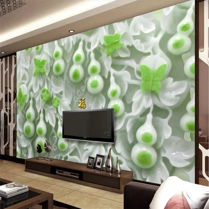

beibehang Wallpaper custom living room bedroom jade carving butterfly gourd Flowless border relief mural background decoration