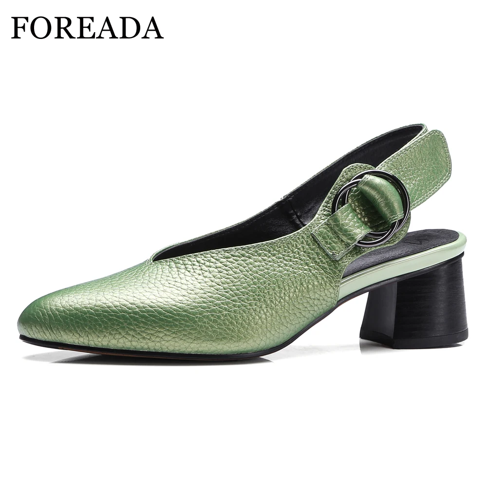 

FOREADA Women Slingbacks Shoes High Heels Natural Genuine Leather Block Heel Shoes Real Leather Buckle Party Pumps Female 3-10.5