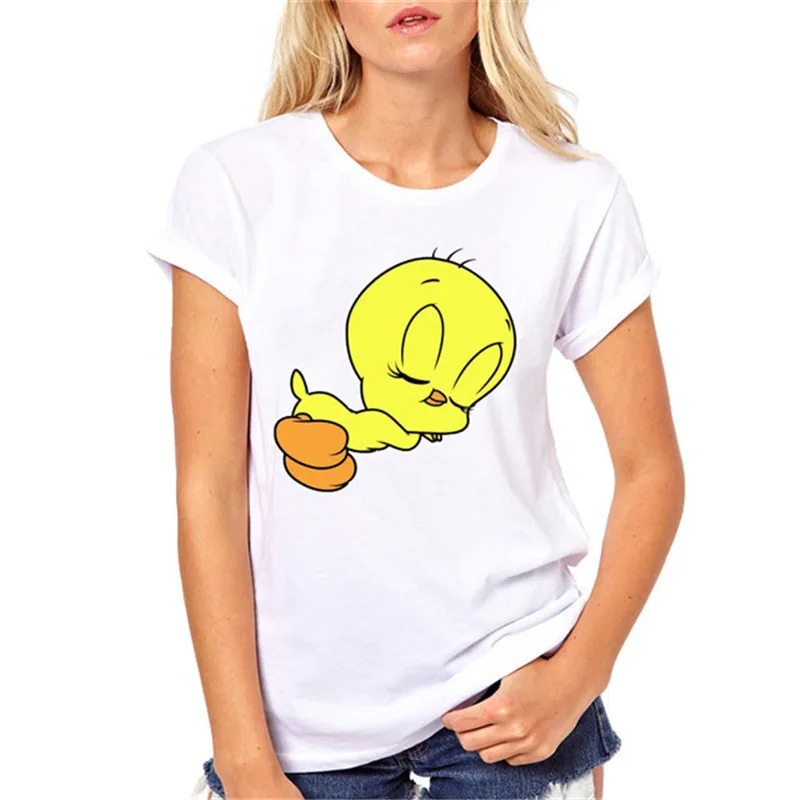 Женская футболка Looney ttes Tweety Bird с мультяшным принтом, летняя модная Милая футболка, Женские топы с круглым вырезом, белая футболка с коротким рукавом