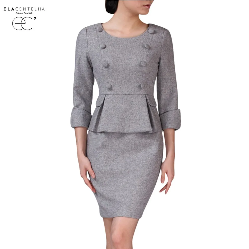 ElaCentelha Women Dress Autumn Spring Three Quarter Sleeve Wool OL Dresses Womens Work Wear Patchwork Pencil Dress Plus Size 3XL