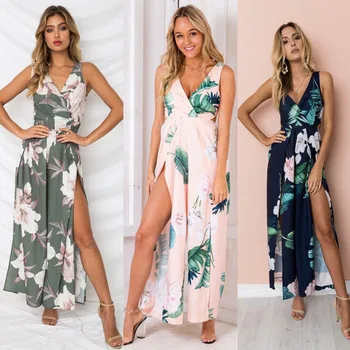 

Women Floral Playsuit Ladies Summer Shorts Jumpsuit Long Trousers Sleeveless Backless V neck Sexy Women Clothes Print