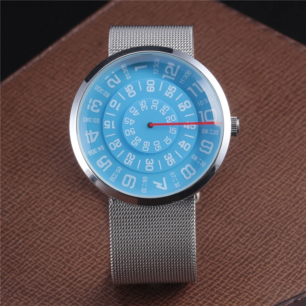 Новые модные женские кварцевые часы с поворотным индикатором без руки, дизайнерский Циферблат из нержавеющей стали, сетчатый ремешок, женские наручные часы, подарочные часы