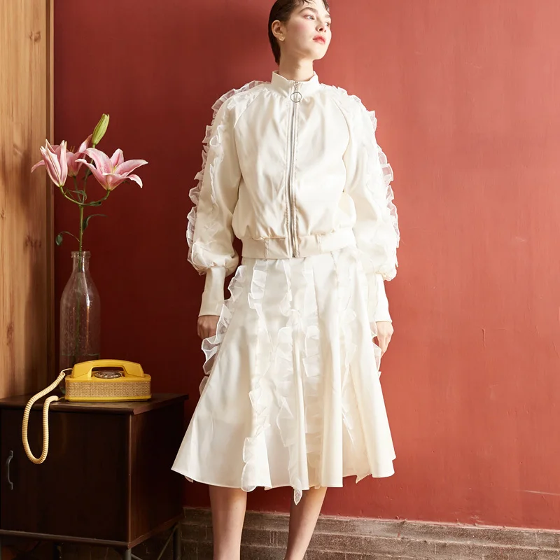 De Fendue Montant eam Printemps Mode Longues Ruches Commune Roses Col Gaze Femmes Veste Je985 Marée Manches Lâche 2019 Manteau Nouveau white ZvqIv