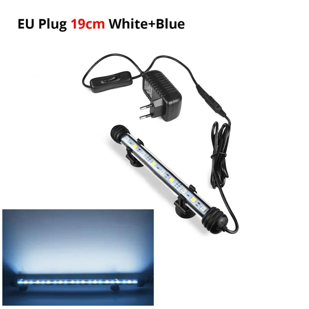 white and blue 19cm 110 В, 220 В, Светодиодная трубчатая лампа с европейской вилкой, светильник для аквариума, RGB, водонепроницаемая, для помещений, для подводного декора, светодиодный светильник для аквариума, погружная лампа - Испускаемый цвет: white and blue 19cm
