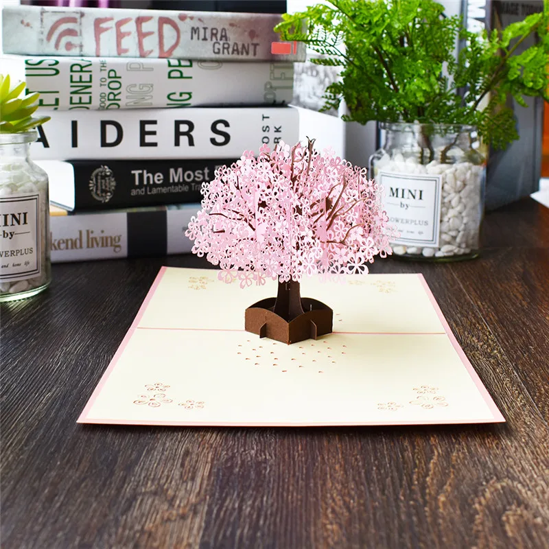 Вишневое дерево 3D всплывающие карты с конвертом стикер и цветок Лазерная резка приглашения свадебные поздравительные открытки День Святого Валентина Свадебный душ