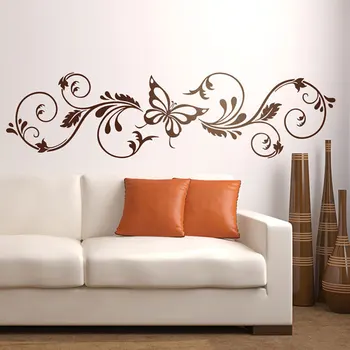 

Elegant And Sinuous Floral Wall Sticker A Simple Lines That Forms Branches And Petals Center Butterfly Headboad Vinyl Decal BD09