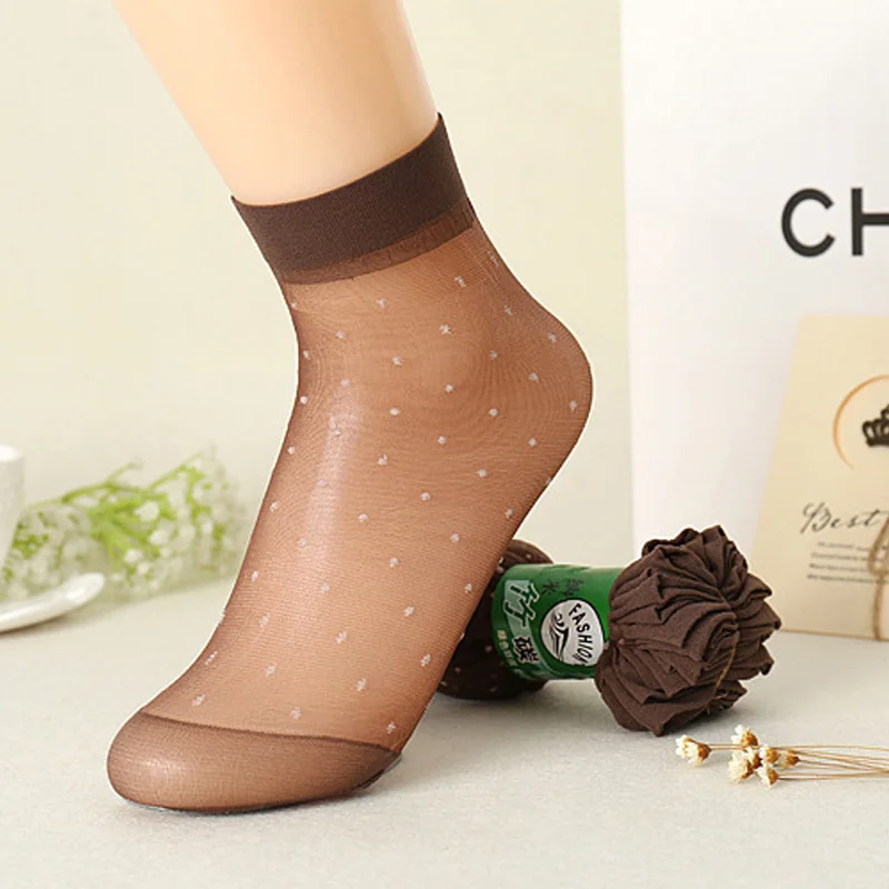 HSS бренд 10 пар/лот кристалл Шелковый носок летние женские пикантные носки белый горошек прозрачные эластичные носки для девочек Черная кожа кофе - Цвет: Coffee