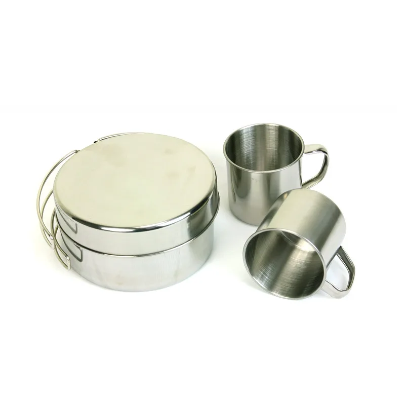 Camping al aire libre juego de vajilla de acero inoxidable conjunto viajar turismo ciclismo Picnic equipo incluye tapa tazas sartén cuencos
