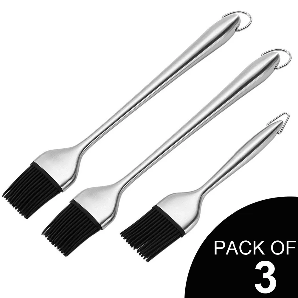 3 Pc New Stainless Steel Basting Brush with Silicone Bristles Section