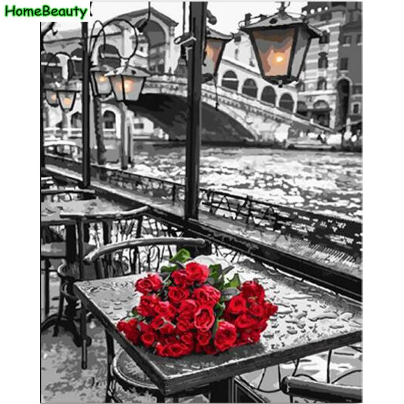 

Home Beauty DIY oil painting by numbers wall canvas picture coloring paint by number brush drawing rose hand painted craft
