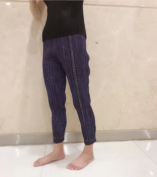 

Folding Series Imitation Cowboy Purple Prints Nine Legged Pants Female Legs Show Thin Miyake Pleated Pant