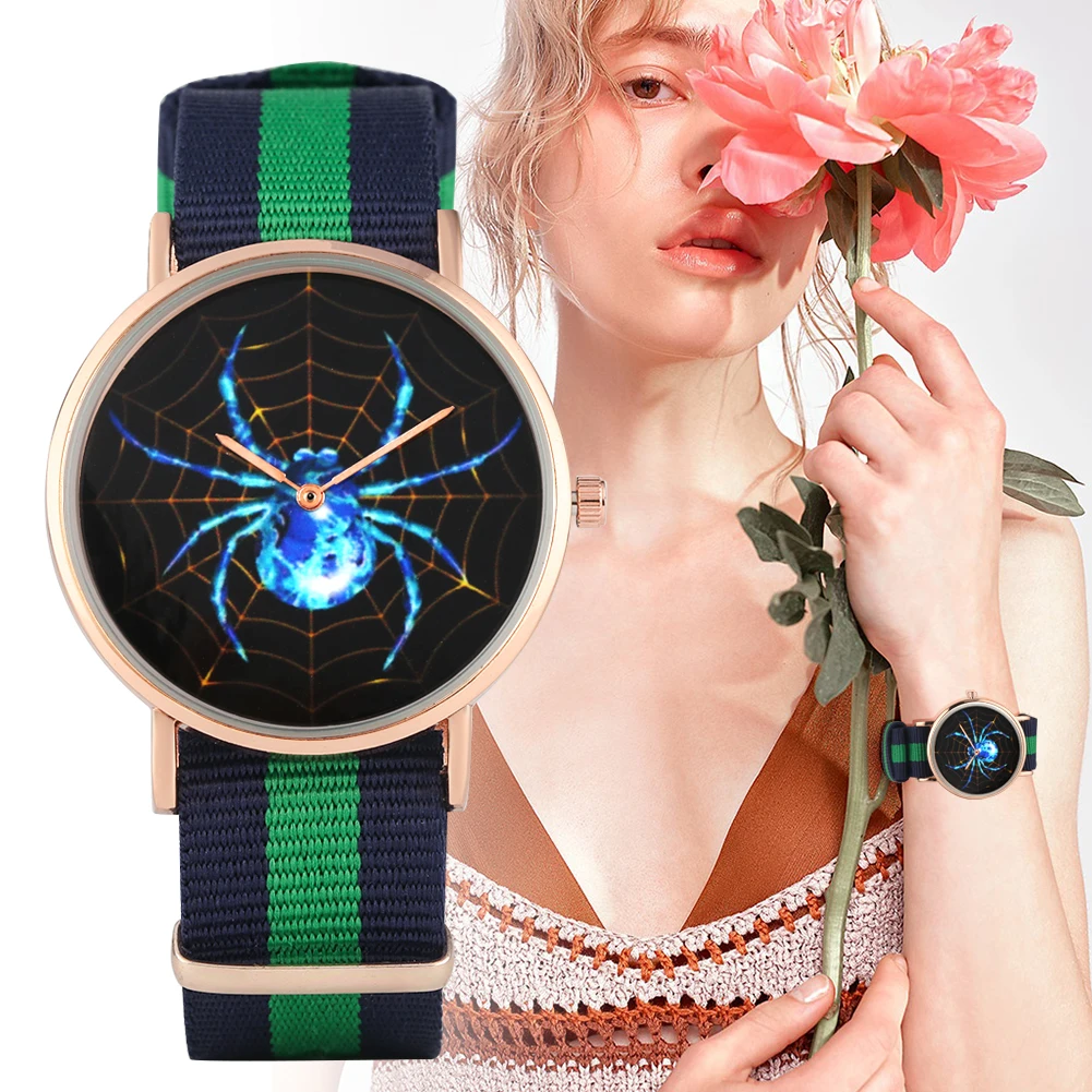 

Comfortable Quartz Analog Watch for Girls Black Dial with Blue Spider Pattern Watches for Ladies Unique Nylon Strap Wristwatch