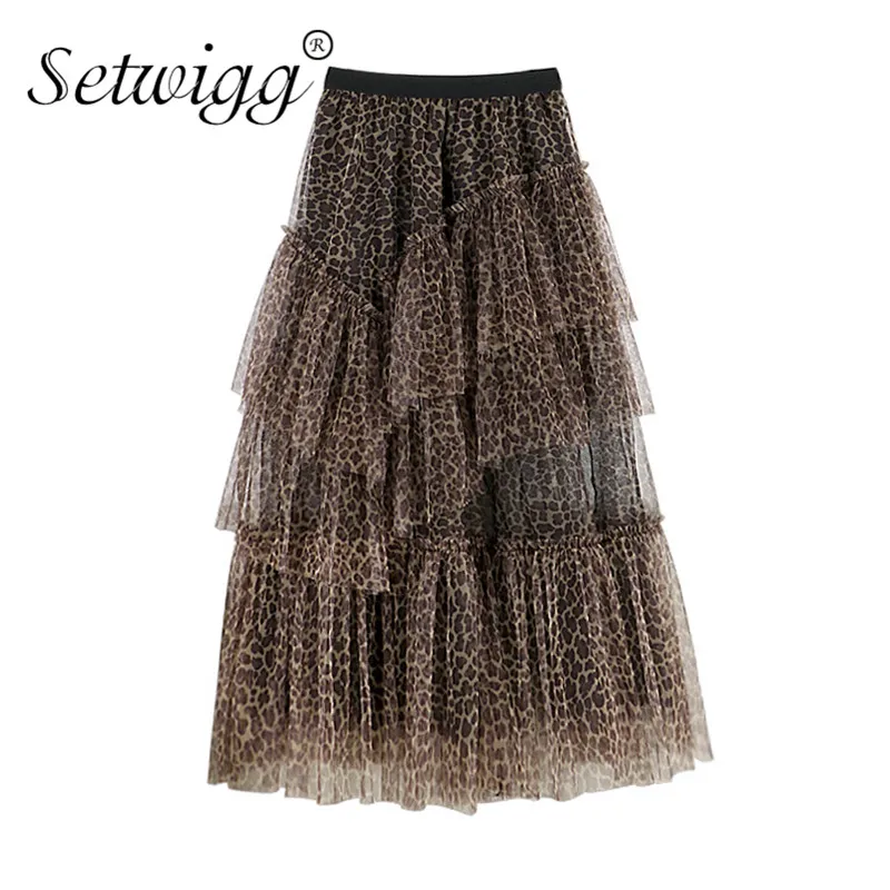 

Irregular Super Fashion Leopard Mesh Maxi Long Gauze Cakee Skirts Female Tiered High Low Layered Tulle Ankle Long Skirts