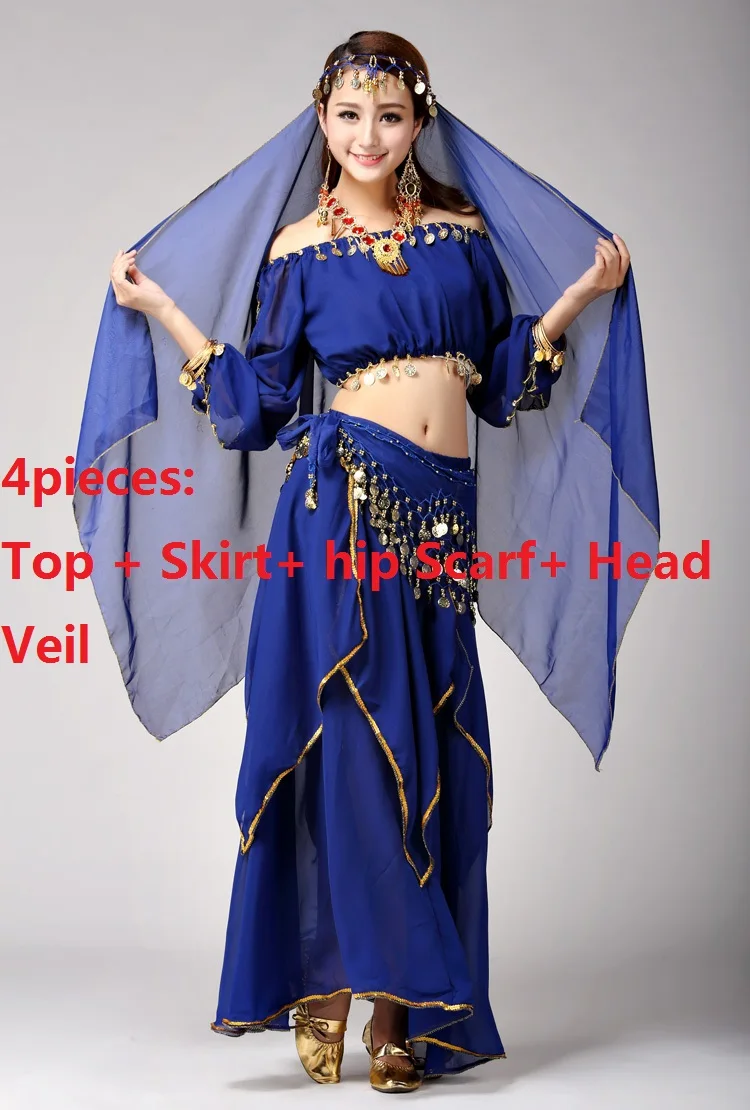 Набор костюма для танца живота танец живота Профессиональный Болливуд костюмы женские юбки размера плюс взрослые индийские платья для танцев s - Цвет: dblue4pcs