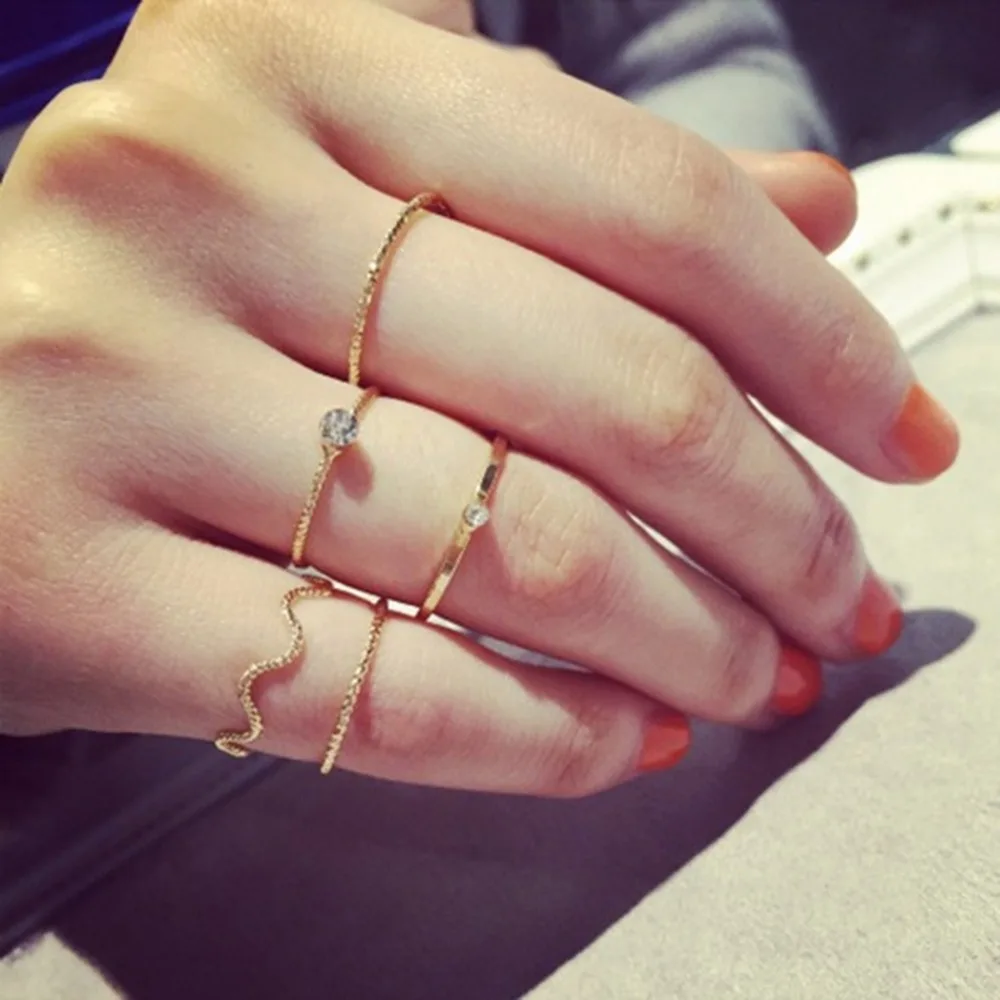 5 unids/set anillo de cristal de Color dorado de plata conjunto de anillos delgados de dedo de muchachas de estilo Punk Rock joyería de las mujeres Anello Di donne _ -