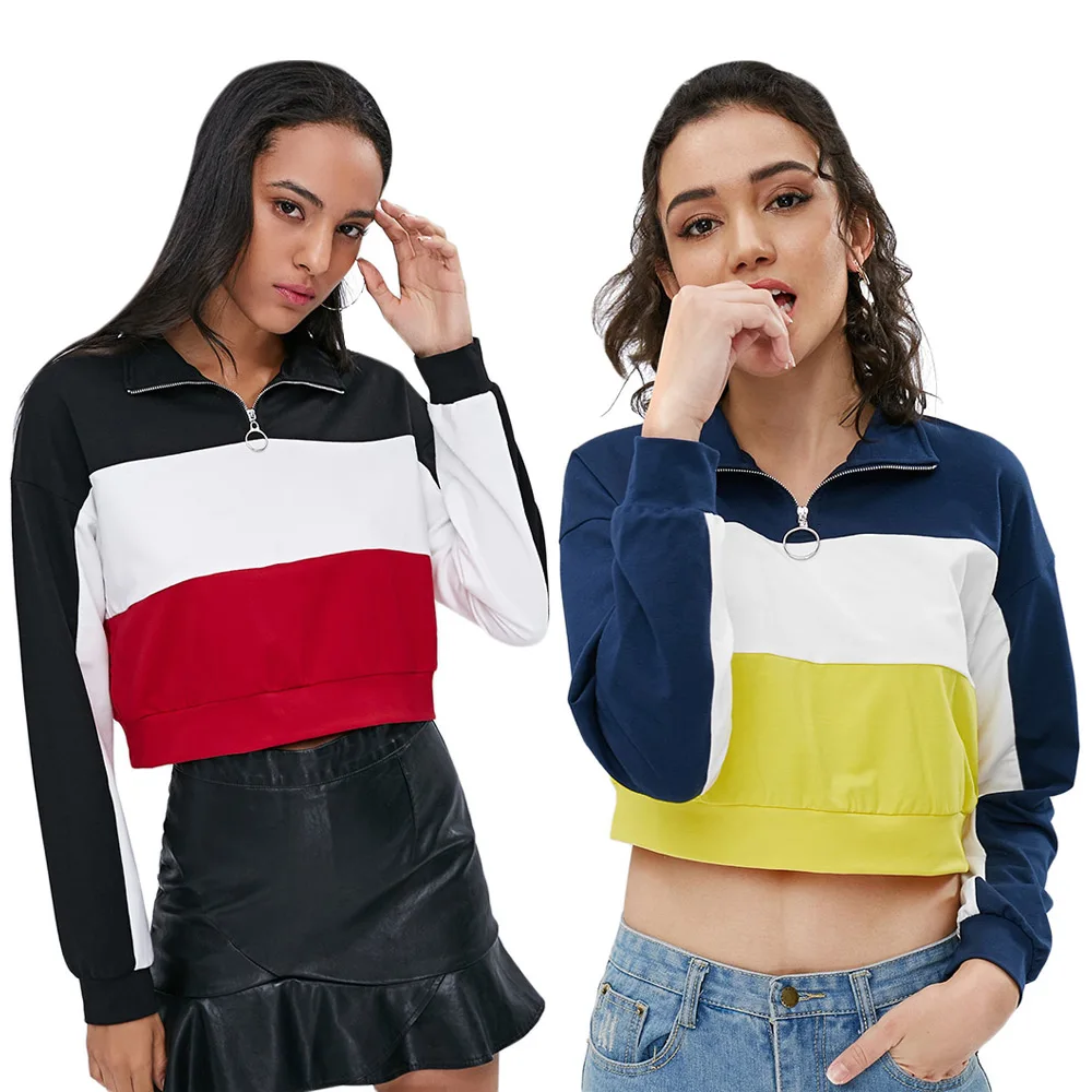 

ZAFUL Crop Sweatshirt Half Zipper Womens Slim Harajuku Long Sleeve Contrast Short Sweatshirt Blouse Pullover Sudadera Mujer