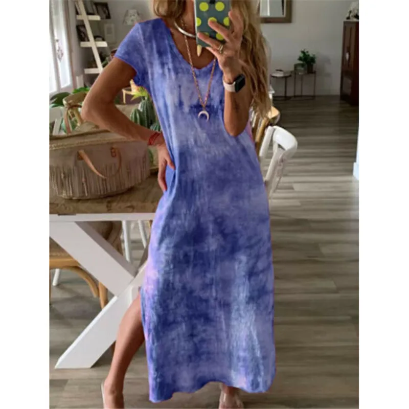 

New Women Long Maxi Dress 2019 Summer O-neck Tie-Dye Split Hem Short Sleeve Dress Gradient Printing Plus Size Dresses Vestidos