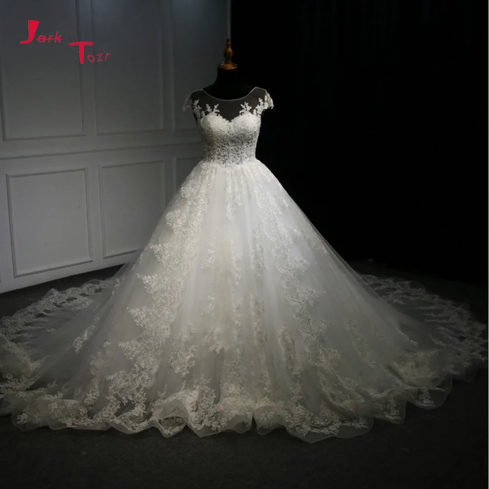 

Jark Tozr Customize Short Sleeve Backless Pearls Sequins All Over Appliques Gorgeous Ball Gown Wedding Dress 2019 Robe Mariage