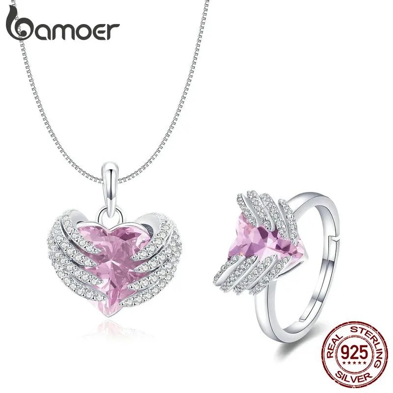 

BAMOER Genuine 925 Sterling Silver Pink Heart CZ Guardian Wings Angel Pendant Necklace and Open Rings Jewelry Sets for Women