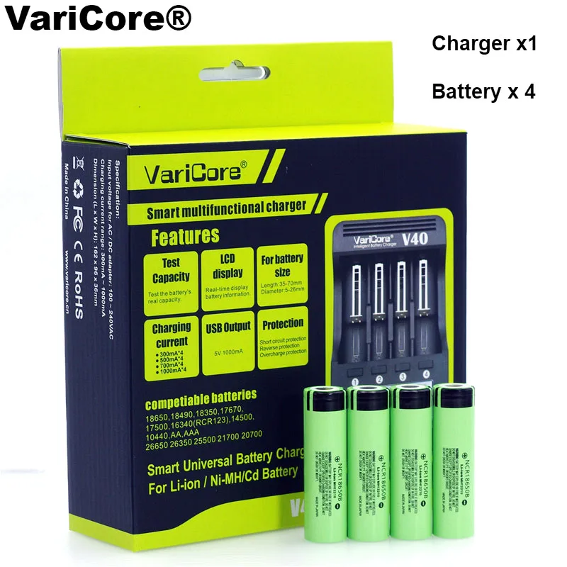 VariCore V40 3,7 V 18650 26650 18350 1,2 V AA литиевая батарея AAA Зарядное устройство+ 4 шт. NCR18650B 3400 мА/ч, Батарея батарейки для карманного фонаря