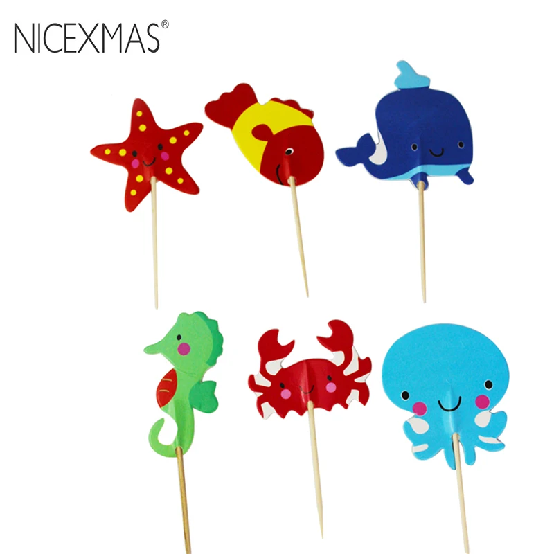 

NICEXMAS 24 PCS Lovely Sea Animal Pattern Cupcake Toppers Picks Cake Decorating Toothpick Inserted Sign Card for Birthday Party
