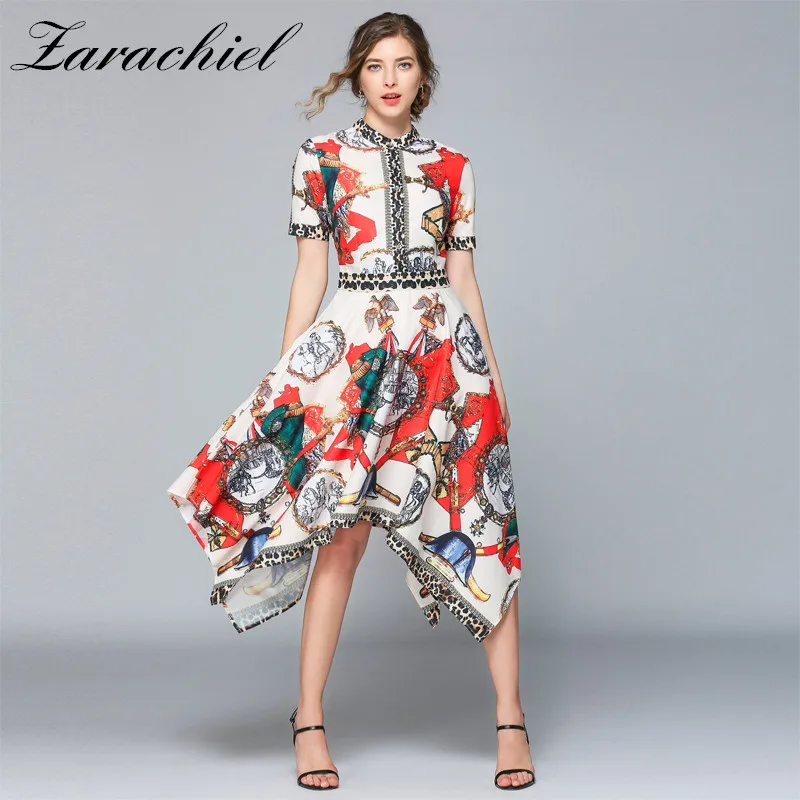 

New Fashion Runway Designer Shirt Dress 2019 Summer Women Short Sleeve Single Breasted Leopard Print Tail Hem Irregular Dress