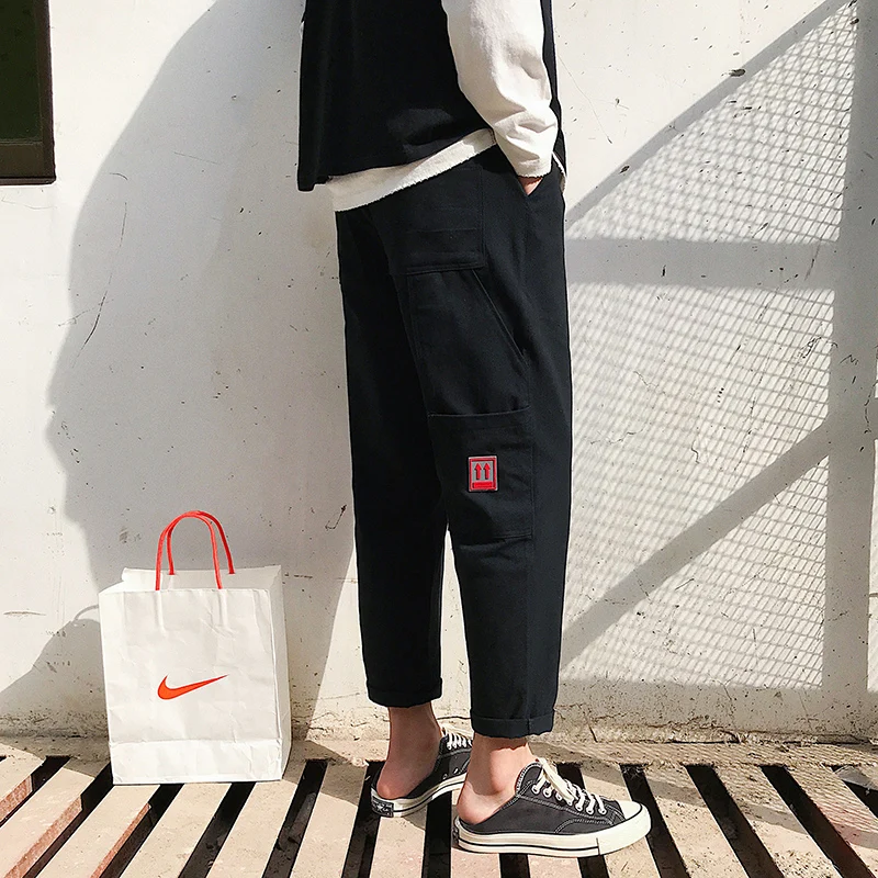 2019 Man Casual Straight Harem Pants Streetwear Pink Pants Men Joggers Big Pockets Mens Sweatpants Loose Trousers