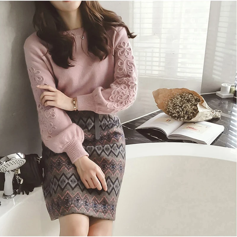 

Women Vintage Knit Sweater Skirts Sets Geometric Printed skirt sets Female Woman Knitting Clothing Suits