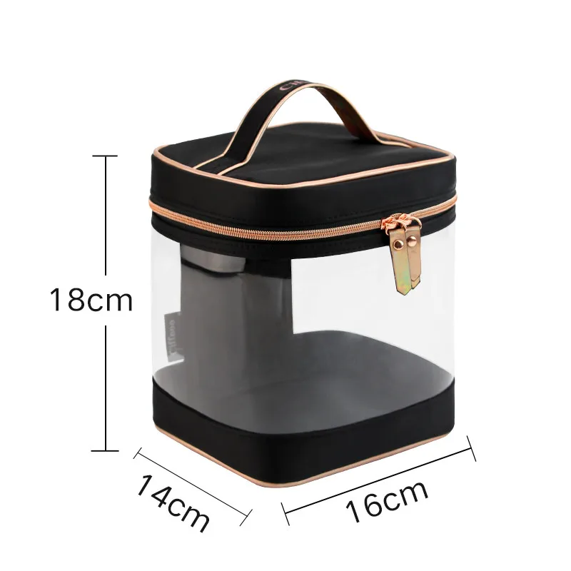 

New Style Transparent Thickened PVC Large Capacity Simple Lady Sweet Black Pink Cosmetic Bag Portable Storage Bag Cosmetic Box