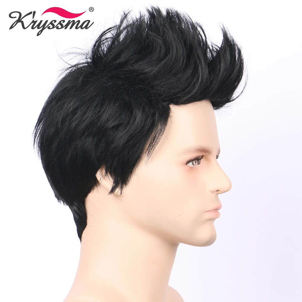 Synthetic Mens Wig Jet Black #1 Short Handsome Fake Hair Wigs for Men Middle East Gentleman Dew Forehead Heat Resistant Fiber