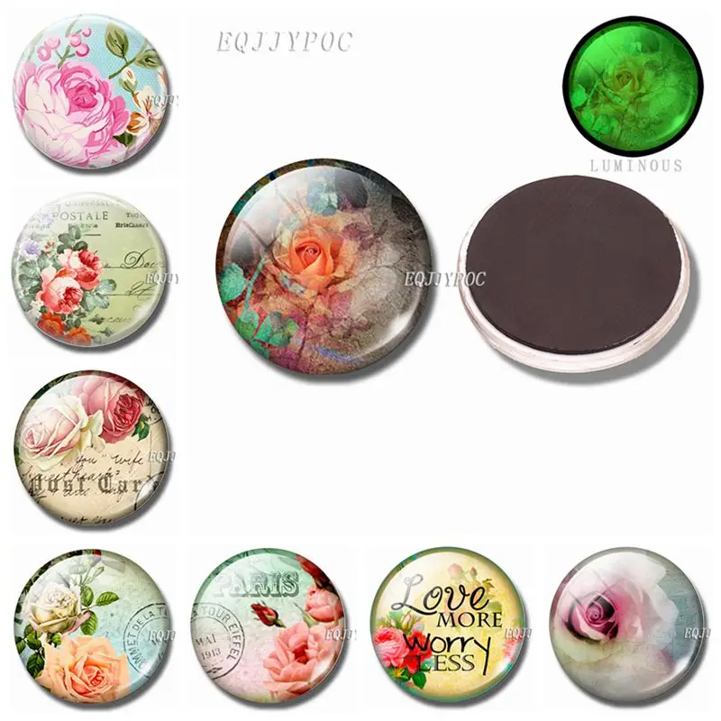 

Romantic Roses 30 MM Refrigerator Magnets Luminous Fridge Magnets Glass Magnetic Stickers for Fridge Valentine's Day Present