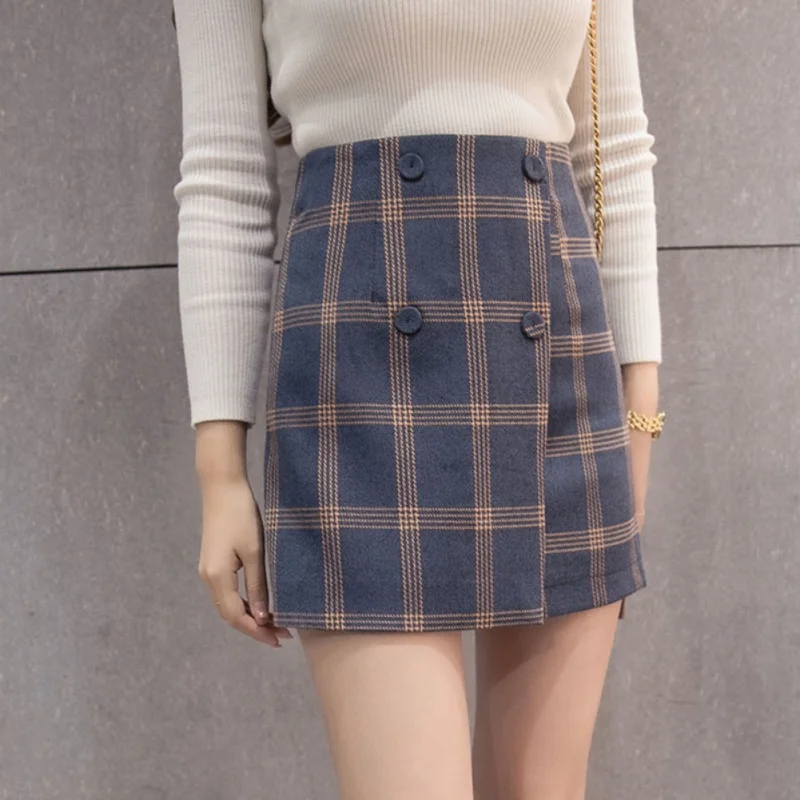 

Summer Straight Plaid Mini Skirt Women High Waist Vintage Elegant Slim Autumn Casual Skirts