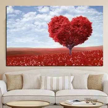 

Big Size Love Heart Tree in Sea of Flowers Landscape Oil Painting on Canvas Poster Print Wall Picture Modern Art for Living Room