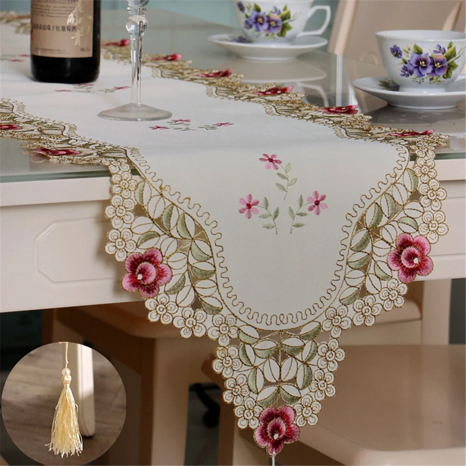 

European Pastoral Style Embroidery Pink Floral Table Runner Polyester Rural Table Decorative Cloth With Tassel Cabinet Cover