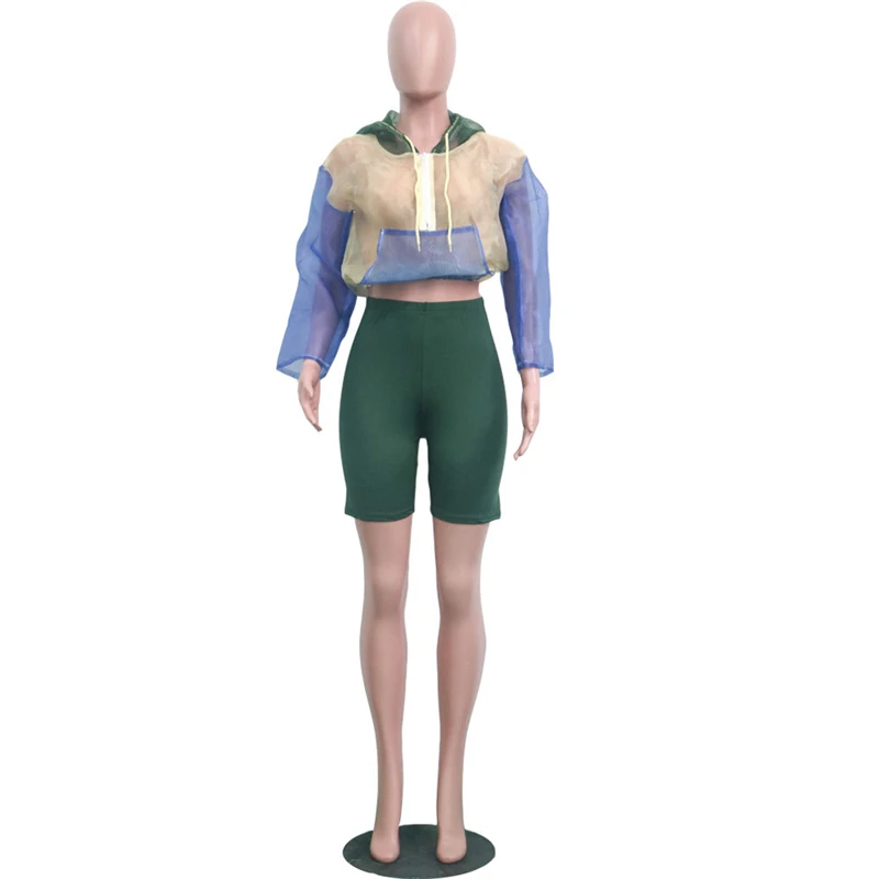 Adogirl контрастный цвет женский спортивный костюм на молнии спереди прозрачная куртка с капюшоном и длинными рукавами укороченный топ+ шорты повседневный комплект из 2 предметов