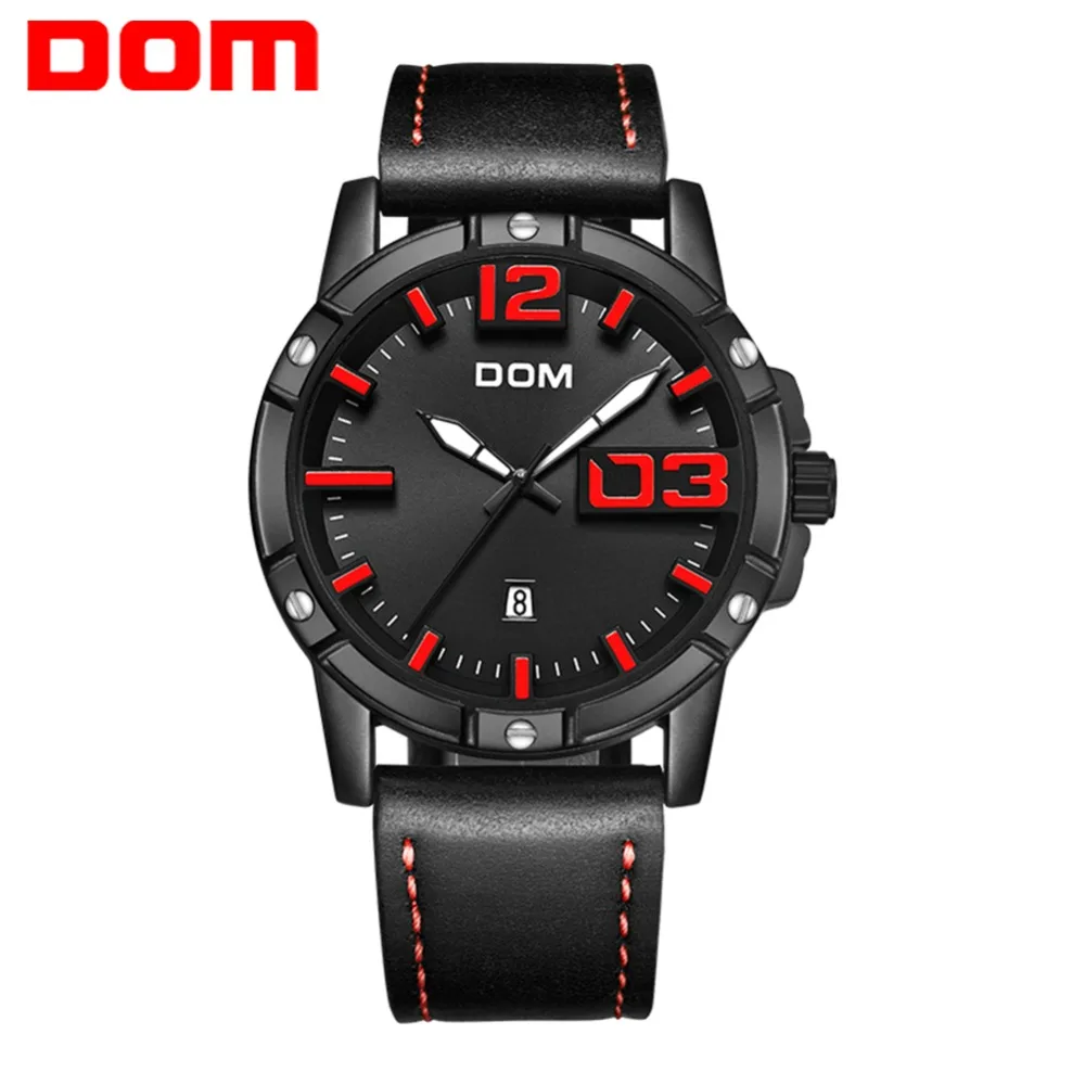 

DOM New Fashion Mens Watches Top Brand Luxury Big Dial Military Quartz Watch Leather Waterproof Sport Luminous Watch Men M-1218