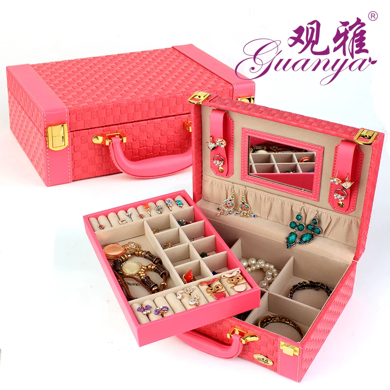 

Guanya 5colors 2 layers New portable Jewelry Box necklace rings PU Leather box European Princess palace Cosmetic case girl gift