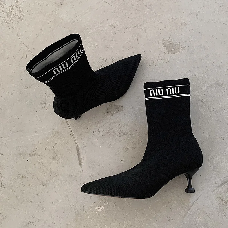 

New Sretch Fabric Boots Woman Knit Socks Boots Female Thin High Heels Pointed Stiletto Boots Spring/Aumtum Ankle Letter Botas