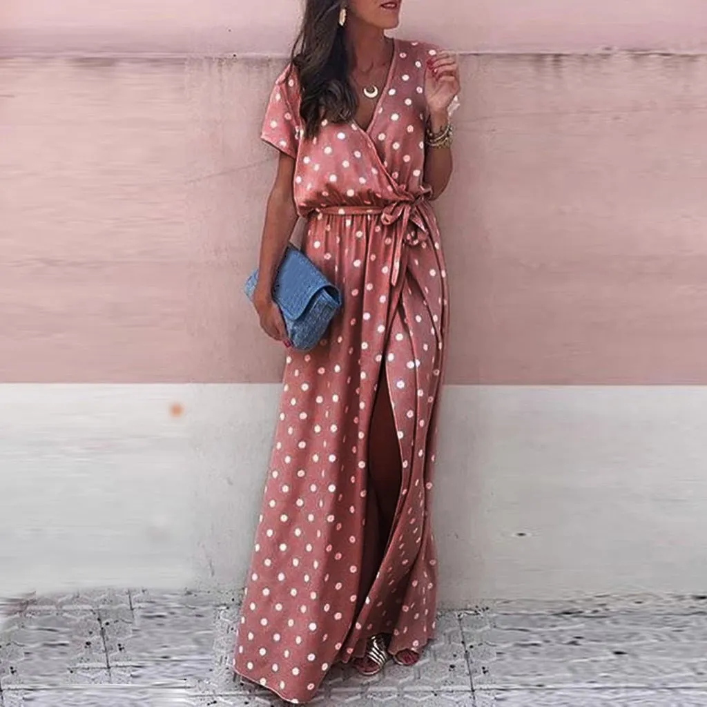 

2019 Women Sexy Dot V-Neck Maxi Dress Female Boho Beach Long Dress Ladies Sexy Split Dress Vestido